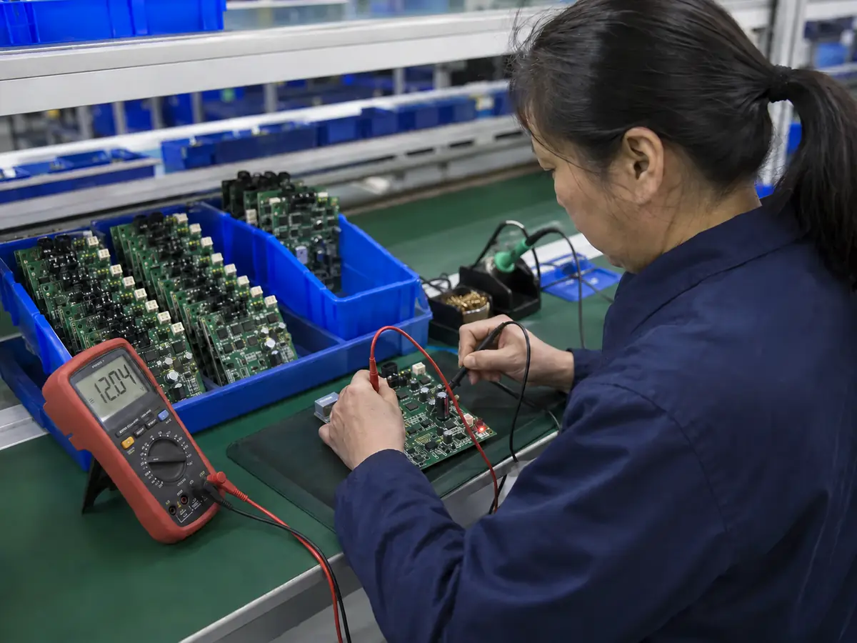 Electronics inspection of a control board at the GreenyFox factory