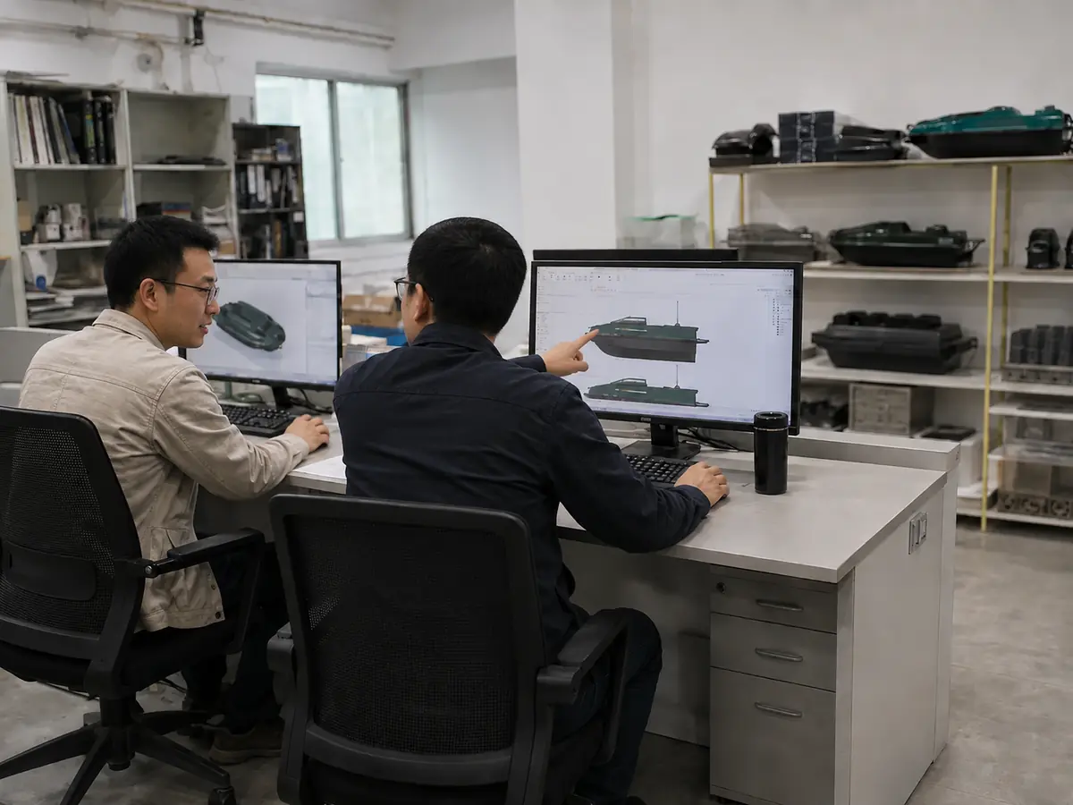 GreenyFox designers evaluating a bait boat prototype