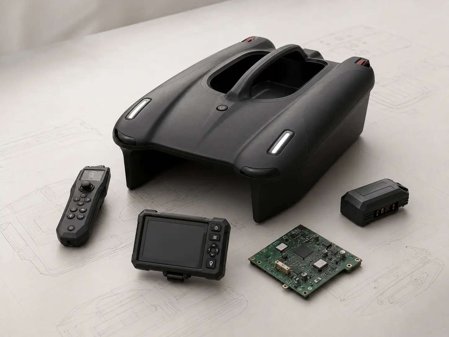 GreenyFox bait boat platform with controller, display and electronics concepts.
