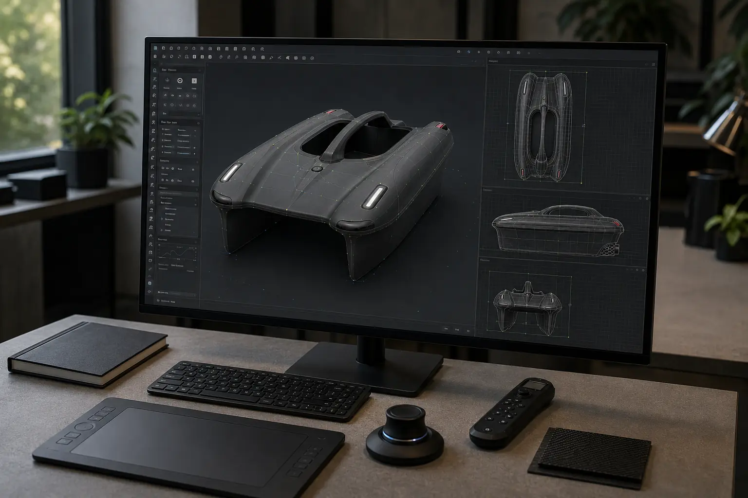 Computer workstation showing a three-dimensional GreenyFox bait boat design.