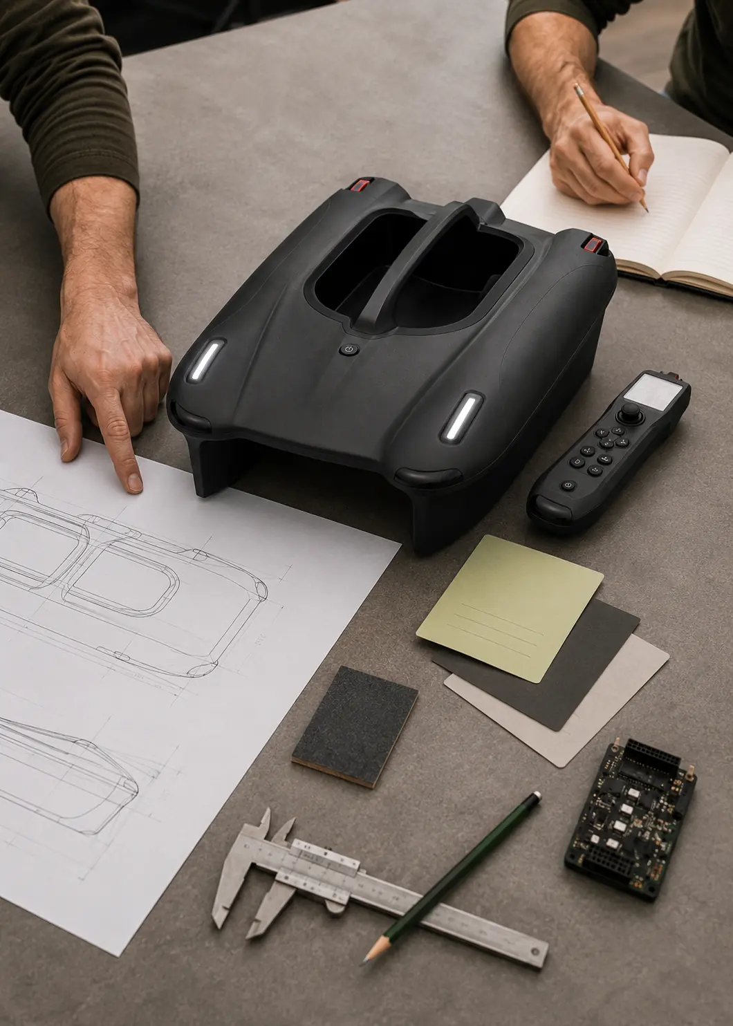 GreenyFox bait boat, controller and development materials arranged for product discussion.