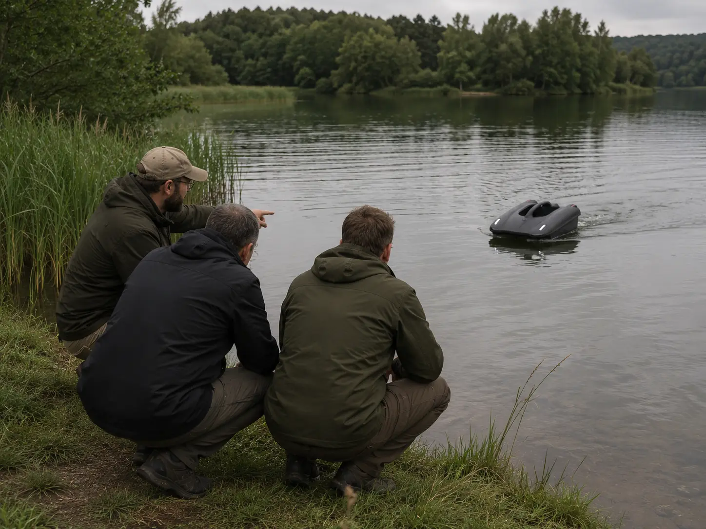 Three people observing a GreenyFox bait boat together at the lakeside.