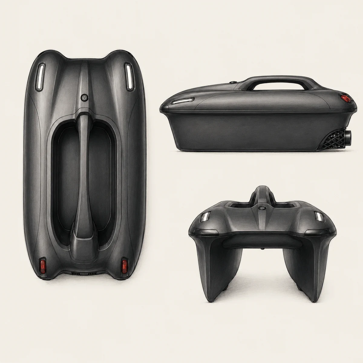 GreenyFox bait boat concept shown from top, side and front views.