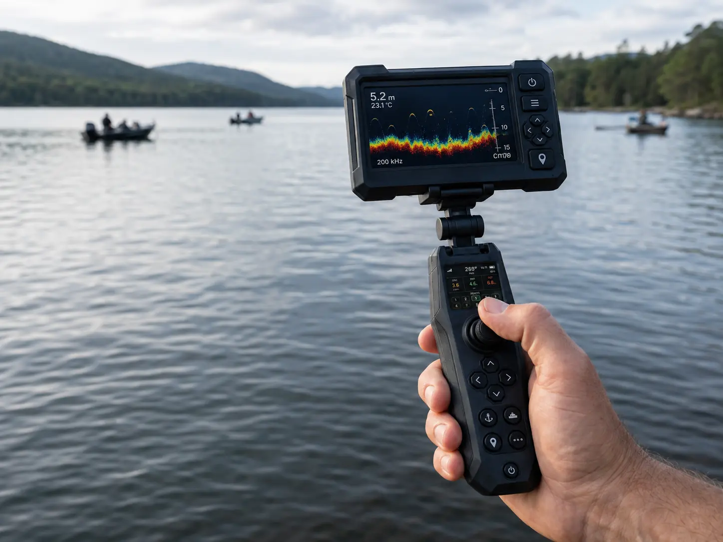 GreenyFox handheld controller with fish finder integration